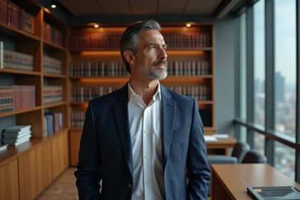 Avocat élégant en costume marine dans un cabinet juridique moderne avec bibliothèque et vue sur la ville