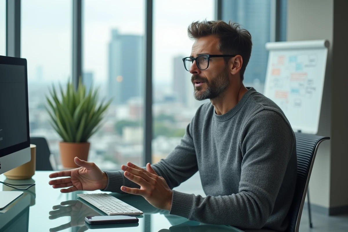 Entrepreneur dynamique en réunion dans un bureau moderne en penthouse avec vue panoramique sur la ville