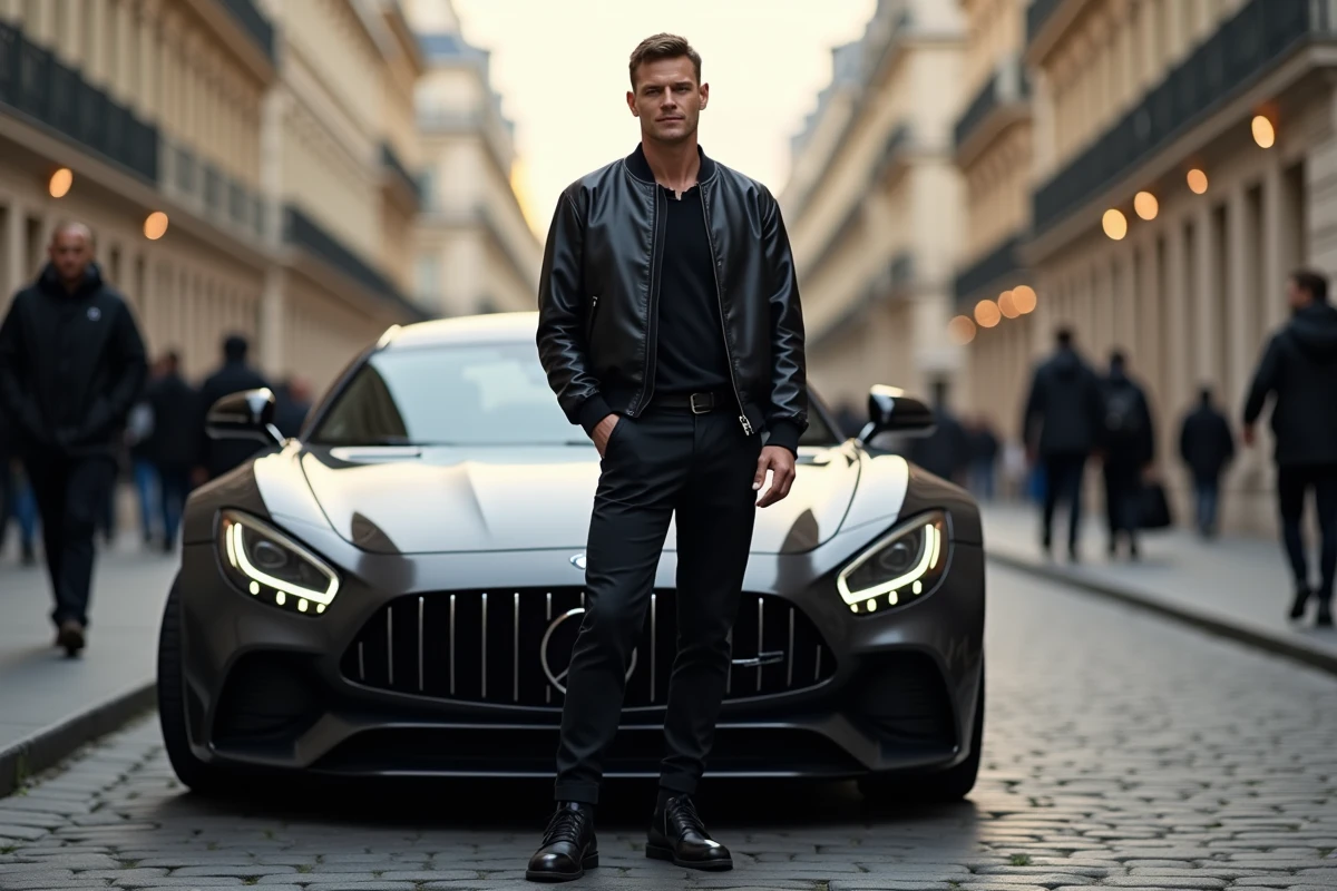 Homme d'affaires en tenue streetwear luxe devant une voiture haut de gamme sur un boulevard parisien
