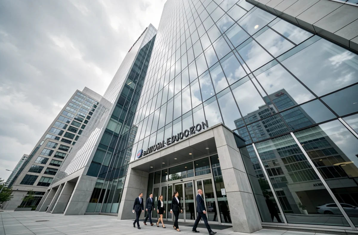 Immeuble de bureaux moderne en verre et acier symbolisant la puissance financière et le développement des actifs d'un grand entrepreneur