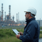 Ingénieur en extérieur observant une grande usine d'énergie