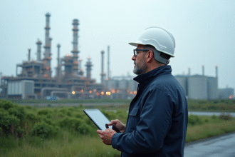 Ingénieur en extérieur observant une grande usine d'énergie