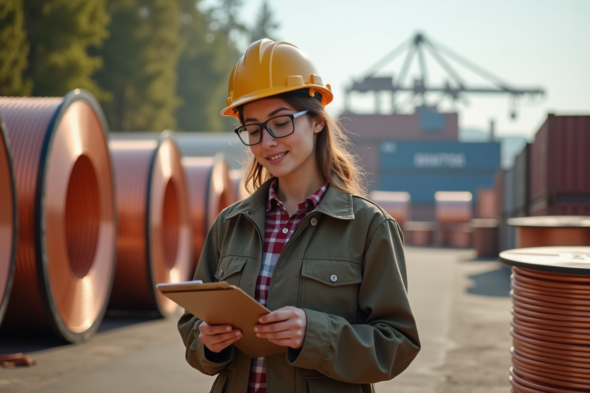 Jeune ingénieure inspecte bobines de cuivre en extérieur