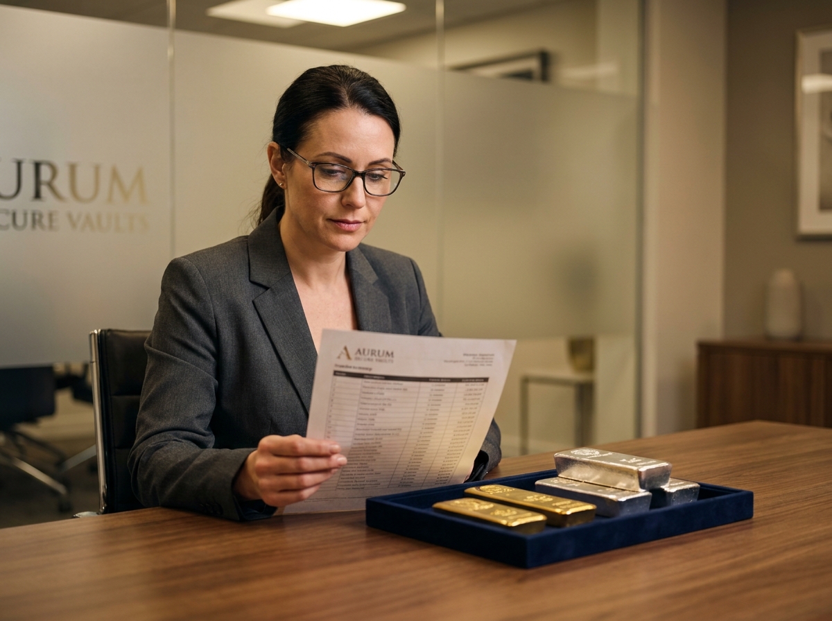 Femme examinant un inventaire de lingots d'or et d'argent dans un établissement spécialisé de stockage de métaux précieux