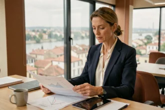 Femme cadre analysant des documents SCPI dans un bureau moderne avec vue sur les toits de Toulouse