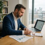 Investisseur masculin analysant des opportunités de crowdfunding sur son bureau avec des graphiques financiers