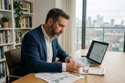 Investisseur masculin analysant des opportunités de crowdfunding sur son bureau avec des graphiques financiers