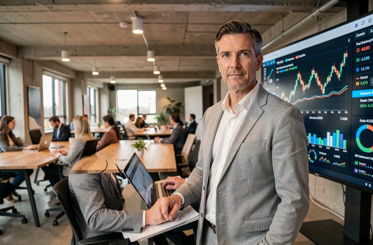 Investisseur masculin analysant des graphiques de croissance financière sur un écran interactif dans un espace de travail contemporain, évoquant la gestion et l'expansion d'une grande fortune