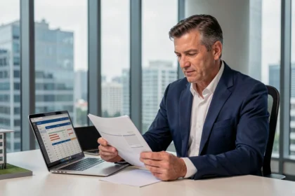 Investisseur analysant les rendements annuels d'une SCPI dans un bureau moderne