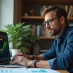 Investisseur particulier lisant le forum Boursorama Orange sur son ordinateur portable dans un bureau à domicile