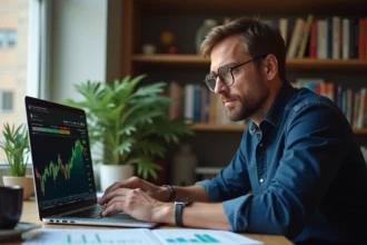 Investisseur particulier lisant le forum Boursorama Orange sur son ordinateur portable dans un bureau à domicile