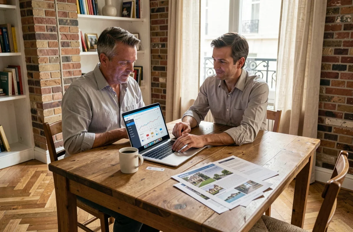 Homme consultant des avis en ligne sur des SCPI européennes depuis son appartement parisien avec des brochures immobilières sur la table