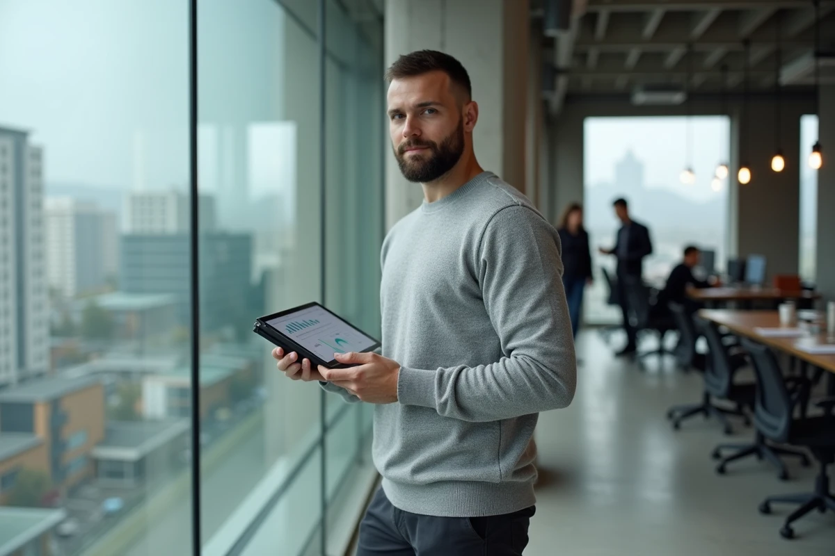 Homme en tenue décontractée consultant un tableau de données financières devant une fenêtre urbaine, représentant les investisseurs prudents et informés en 2026