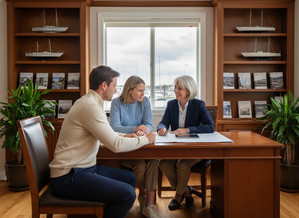 Jeune couple discutant dans un bureau nautique