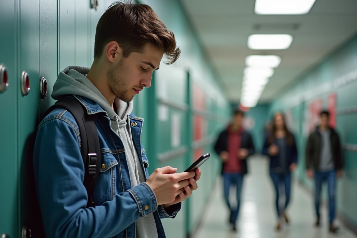 Jeune étudiant vérifiant une notification bancaire dans un couloir universitaire