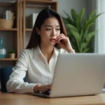 Jeune femme professionnelle au bureau utilisant son ordinateur