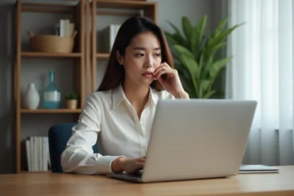 Jeune femme professionnelle au bureau utilisant son ordinateur