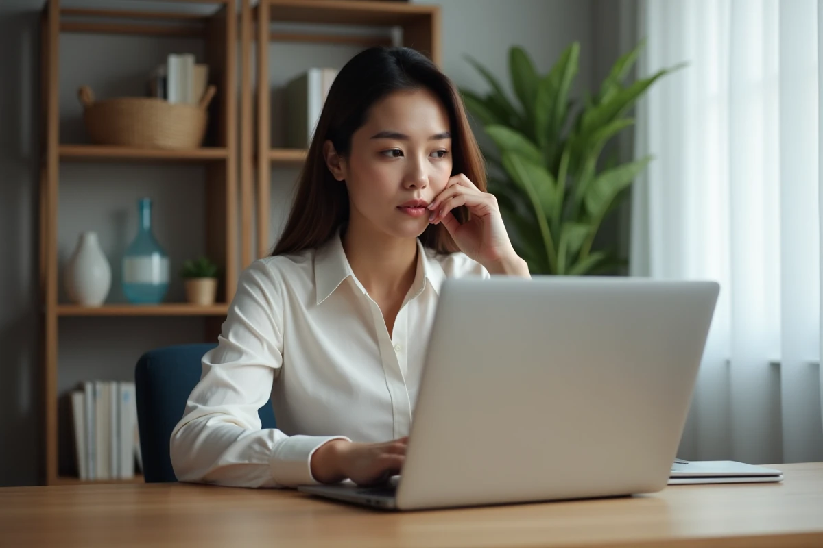 Jeune femme professionnelle au bureau utilisant son ordinateur