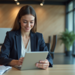 Jeune femme professionnelle utilisant une tablette dans un bureau moderne