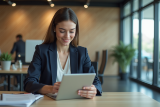 Jeune femme professionnelle utilisant une tablette dans un bureau moderne