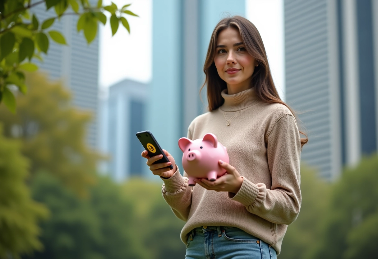 Jeune femme avec tirelire et smartphone dans un parc urbain