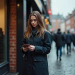 Jeune femme devant un distributeur à Dublin regardant son portefeuille