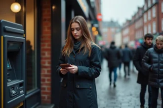 Jeune femme devant un distributeur à Dublin regardant son portefeuille