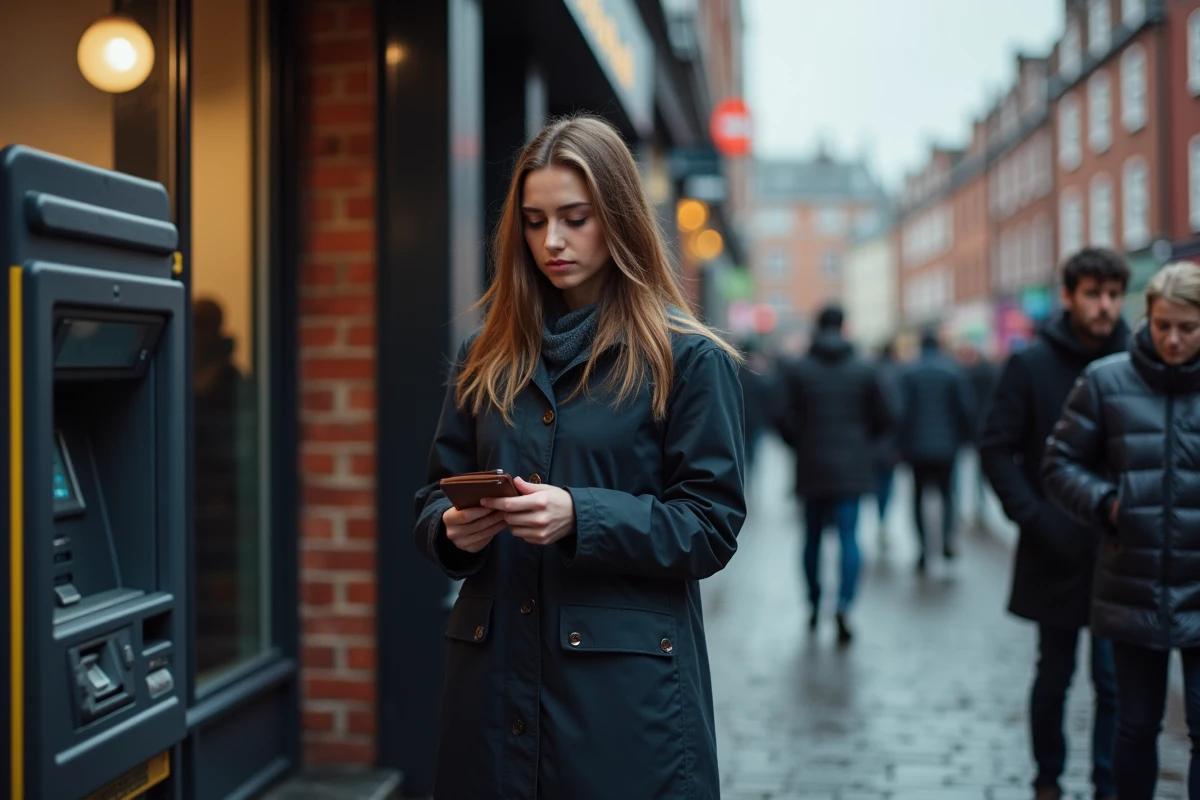 Jeune femme devant un distributeur à Dublin regardant son portefeuille