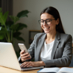 Jeune femme d'affaires souriante utilisant son ordinateur dans un bureau moderne