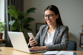 Jeune femme d'affaires souriante utilisant son ordinateur dans un bureau moderne
