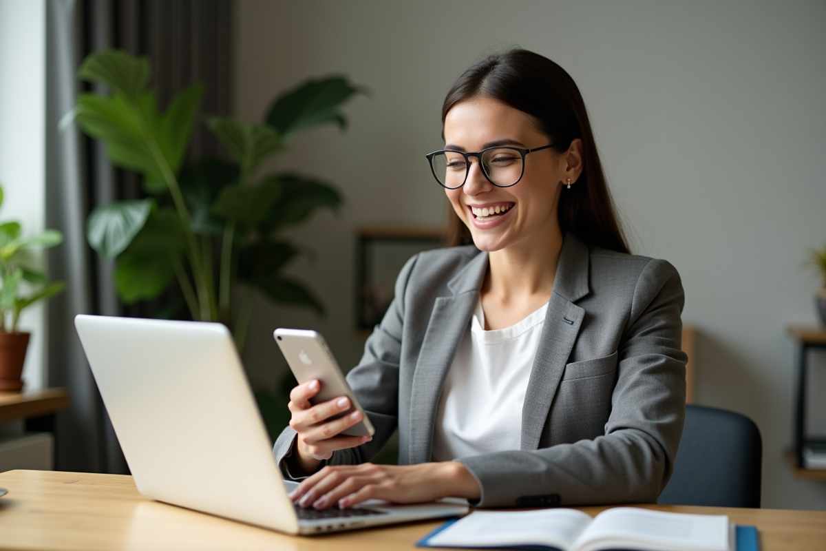 Jeune femme d'affaires souriante utilisant son ordinateur dans un bureau moderne