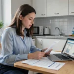 Jeune femme consultant des documents sur les plafonds APL dans une cuisine d'appartement en zone urbaine