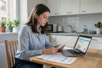 Jeune femme consultant des documents sur les plafonds APL dans une cuisine d'appartement en zone urbaine
