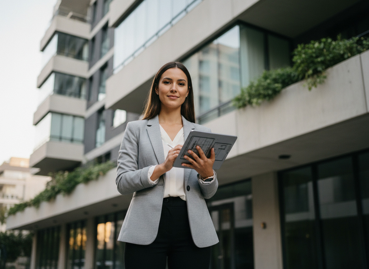 Jeune femme professionnelle utilisant une tablette devant un immeuble