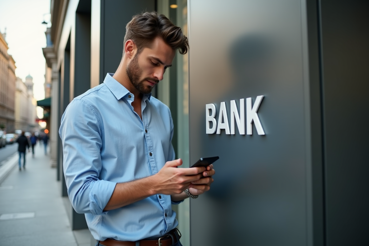 Jeune homme vérifiant son application bancaire devant un bâtiment moderne