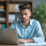 Jeune homme en chemise bleue utilise un ordinateur à son bureau