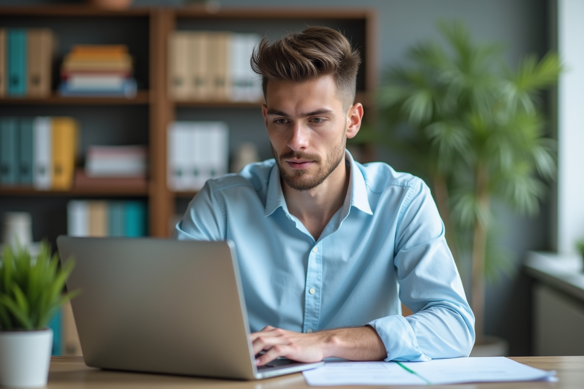 Jeune homme en chemise bleue utilise un ordinateur à son bureau