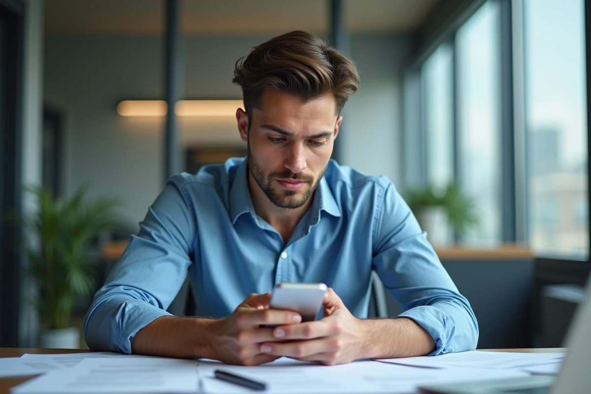 Jeune homme au bureau utilisant un smartphone et documents