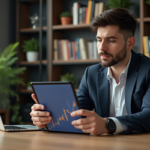 Jeune homme d'affaires regardant une tablette avec graphique crypto