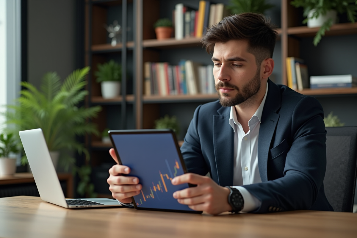 Jeune homme d'affaires regardant une tablette avec graphique crypto