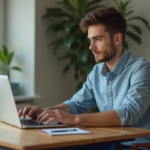 Jeune homme au laptop à la maison avec carte bancaire