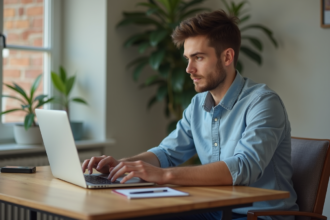 Jeune homme au laptop à la maison avec carte bancaire