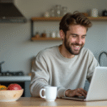 Jeune homme souriant utilisant son ordinateur dans une cuisine moderne