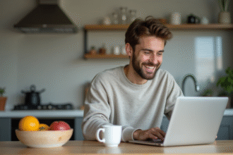 Jeune homme souriant utilisant son ordinateur dans une cuisine moderne