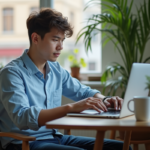 Jeune homme au laptop dans un intérieur moderne et urbain