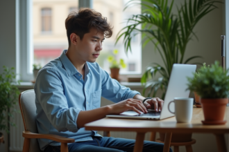 Jeune homme au laptop dans un intérieur moderne et urbain