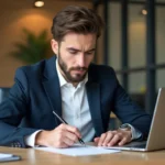 Jeune homme en bureau moderne remplissant des formulaires