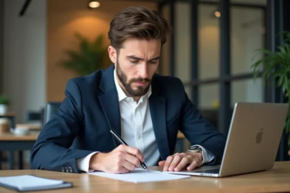 Jeune homme en bureau moderne remplissant des formulaires