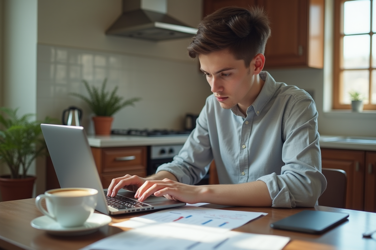 Jeune professionnel travaillant sur ses finances à la maison