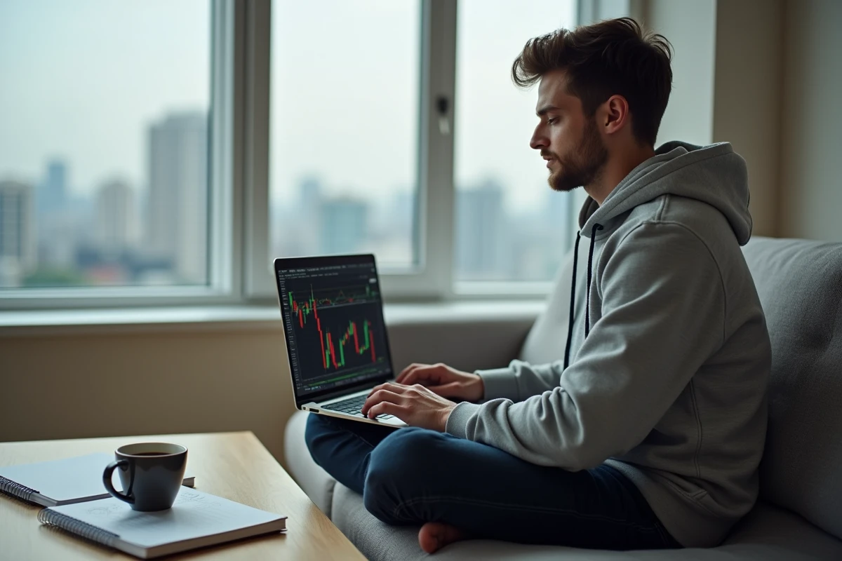 Jeune trader indépendant étudiant le double bottom sur un laptop depuis son appartement minimaliste